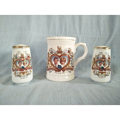 Marriage of HRH Prince Charles and Lady Diana 1981: Commemorative lidded mug and Salt & Pepper shakers