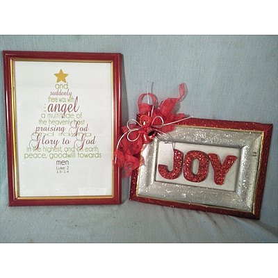 Christmas tree shaped candle holder and two Christmas wall hangings