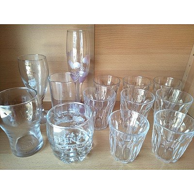 Assorted glasses including set of 12 water glasses, liqueur glass and champagne glasses