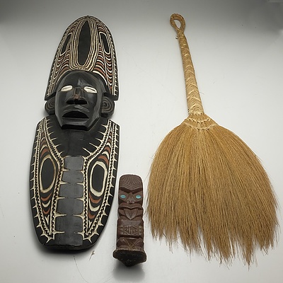 Papua New Guinea Mask Carved Ebony and Shell Inlay Crocodile, Tiki Candle and A Woven Broom
