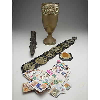 Halah Ware Cast Brass Vase, Set of Horse Brases, Group of International Stamps and More