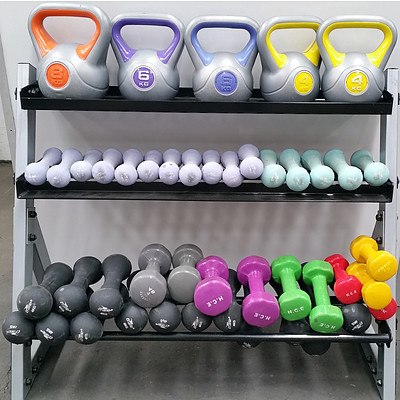 Metal Stand with Dumbells and Kettle Bells