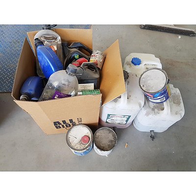 Assorted Lot of Chemicals, Oil, Coolant, Cleaners, Polish & More