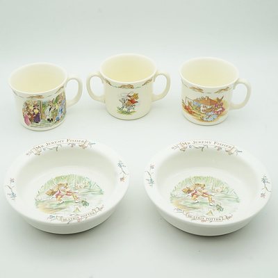 Three Royal Doulton Bunnykins Mugs And Two Royal Albert The World of Beatrix Potter Dishes