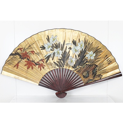 Very Large Asian Hand Painted Fan and Metal Tiffin