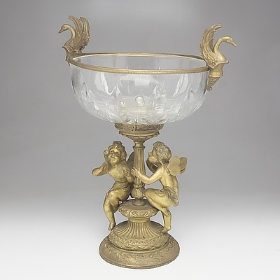 Vintage Italian Style Moulded Glass and Brass Comport With Cherubs and Swan Finials