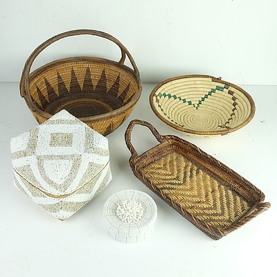 Group of Hand Crafted Wicker Baskets, Trays and Boxes