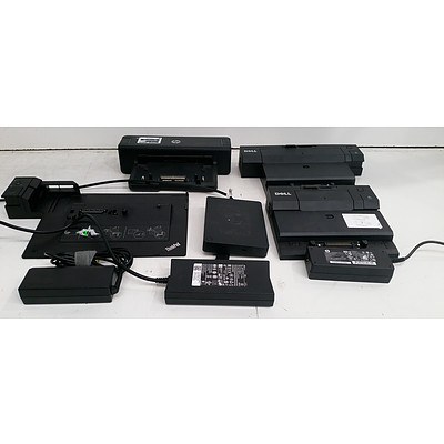 Box of Assorted Laptop Docking Stations & Power Supplies