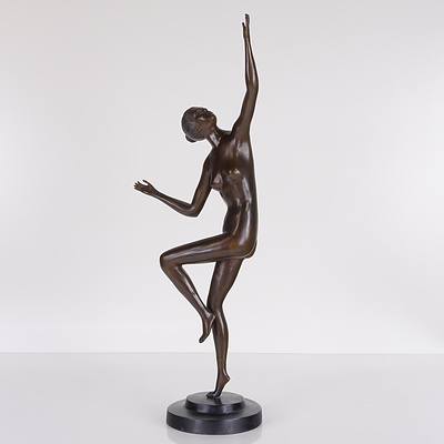 Reproduction Art Deco Style Cast Brass Female Figure with Bronze Patina, Modern