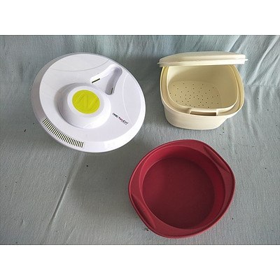 One-Touch Battery Operated Salad Spinner, Tupperware Steamer And Silicone Cake Tin