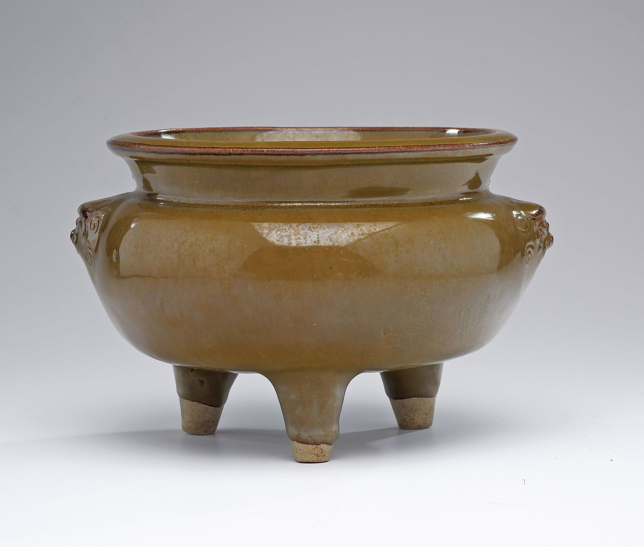 'Chinese Teadust and Iron Glaze Tripod Censer with Lions Head Masks, Qing Dynasty, Possibly Shiwan Ware'