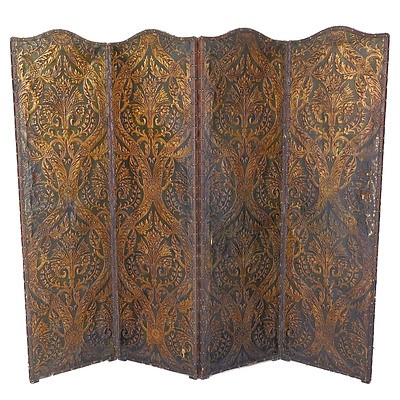 Large Vintage Embossed Parchment, Fabric, and Brass Studded Leather Trimmed Fourfold Screen