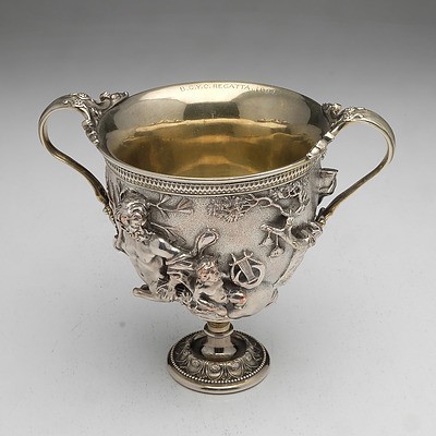 Victorian Elkington & Co Electrotype Plated Replica of a Classical Roman Kantharos with Inscription 'BCYC Regatta 1884 Won by Avoset' Mid 19th Century