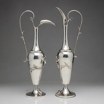 Pair of Sterling Silver Ewers with Applied Acorns and Leaves
