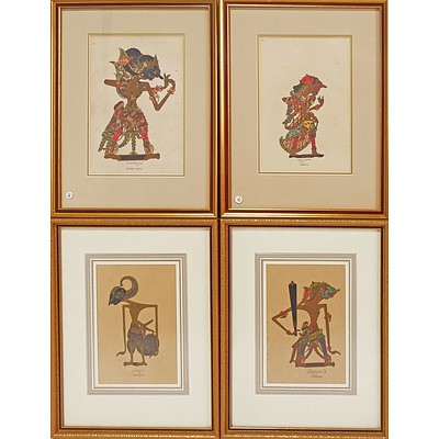 Group of Four Framed Indonesian Puppet Series Including Ardjoena, Djajad-Rata, Drona and Tjitraksi