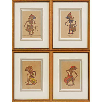 Group of Four Framed Indonesian Puppet Series Including Kresna, Abijasa of Wjasa, Sangkoeni of Sakoeni and Karna