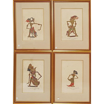 Group of Four Framed Indonesian Puppet Series Including Satyaki, Satyawati, Indra and Aswattama
