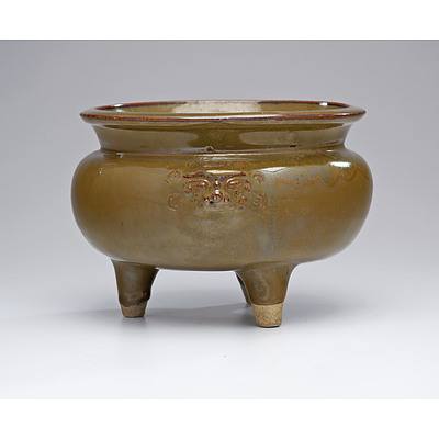 Chinese Teadust and Iron Glaze Tripod Censer with Lions Head Masks, Qing Dynasty, Possibly Shiwan Ware