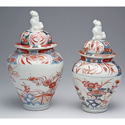 Near Pair of Early Japanese Imari Vases and Covers Circa 1720