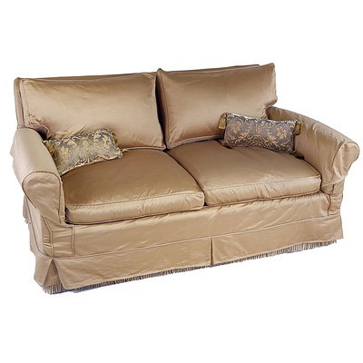Pair of Bronze Coloured Silk Upholstered Lounges and Cushions