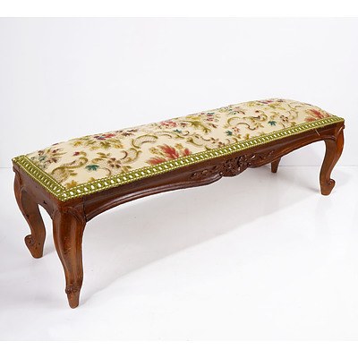 Louis Style Carved Oak Footstool with Cut Velvet Upholstery
