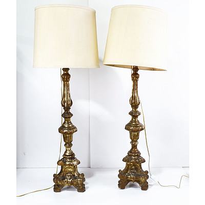 Pair of Carved Giltwood Torchere Table Lamps