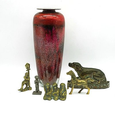 Art Glass Vase, Three Brass Statues, Hound Form Brass Door Stop and A Selangor Pewter Figure