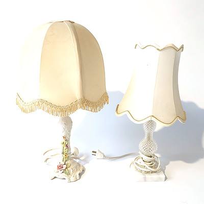 Italian Painted Porcelain Stem Lamp with Applied Flowers and a Moulded Glass Table Lamp