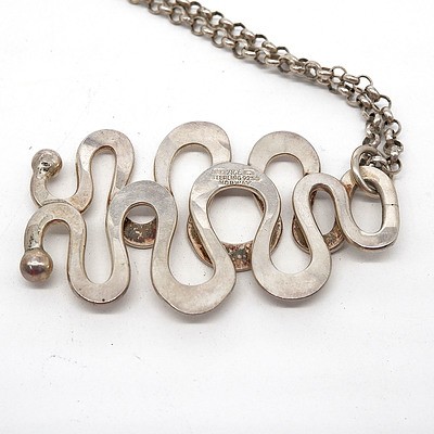 Norwegian Age Sterling Silver Abstract Pendant on Belcher Chain, 74cm