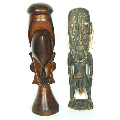 Two Wood Carvings Including Sepik Male Figure