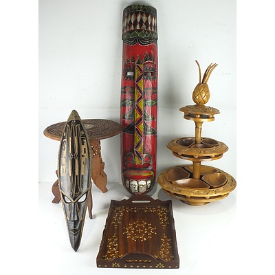 A Group of Exotic Carvings, Including Carved and Pierced Teak Folding Table