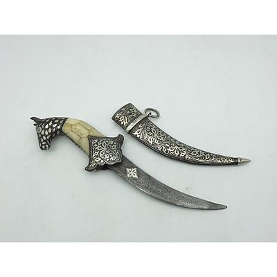 Middle Eastern Bone Handled Dagger with Horse Pommel and Decorative Sheath