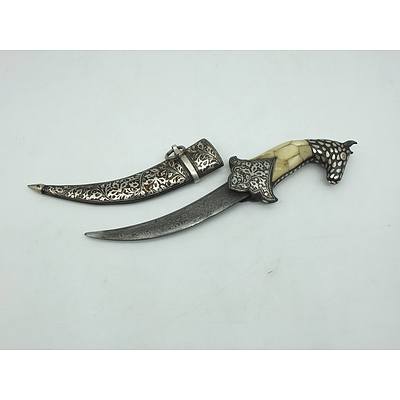 Middle Eastern Bone Handled Dagger with Horse Pommel and Decorative Sheath