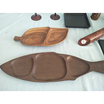 Assorted wooden and ceramic decor and serving items