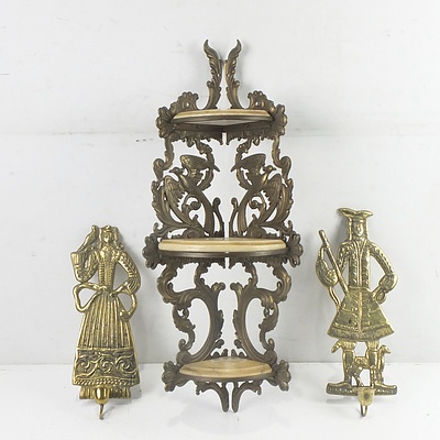 Antique Style Corner Shelf and Two Brass Figural Wall Scones
