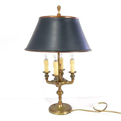Vintage Cast Brass Candelabra Form Table Lamp with Tole Shade