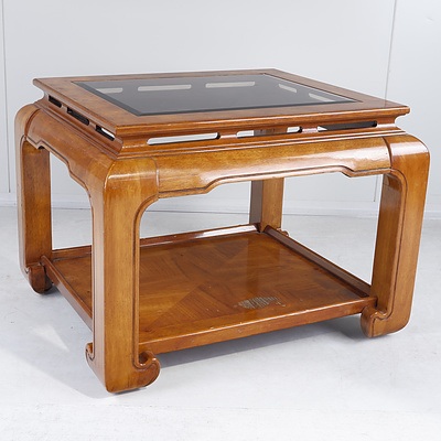 American Bird's Eye Veneered and Bevelled Glass Oriental Style Coffee Table, Late 20th Century