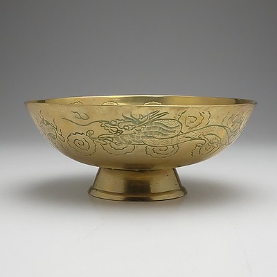 Straits Chinese Brass Footed Bowl With Engraved Dragon