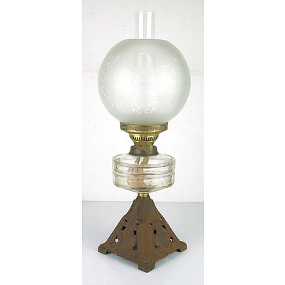 Victorian Cast Metal and Etched Glass Kerosene Lamp