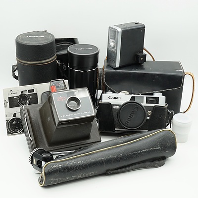 Leather Cases Cannon QL with SE 45mm 1:2.5 lens, Primo Tripod, Zip Polaroid Land Camera, Tokina 1:3.5 No 7101725 Lens and More 