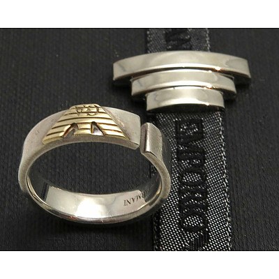 ARMANI Ring - Sterling Silver with 10ct Gold Georgio Armani Logo