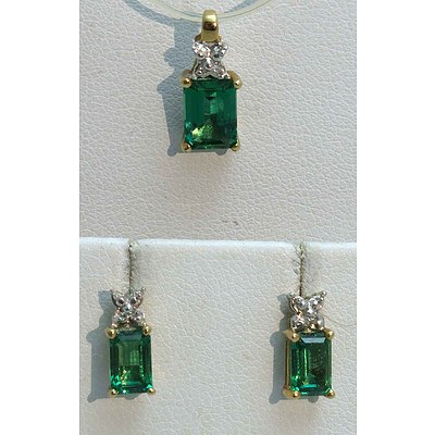 Pendant & Earring Set Synthetic Emerald & Diamond