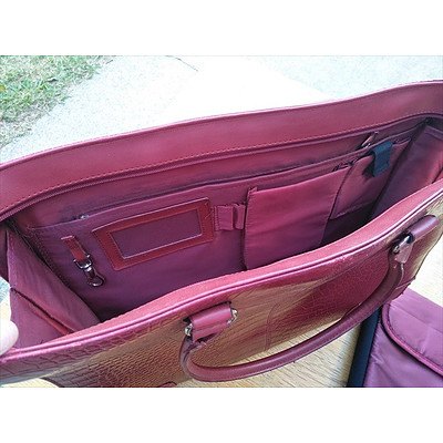 Red Leather Woman's Brief Case Bag With Padded Laptop Case