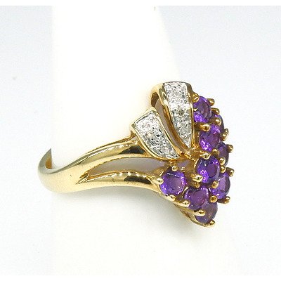 9ct Yellow Gold Ring with Amethyst and Small Single Cut Diamond in Floral Design