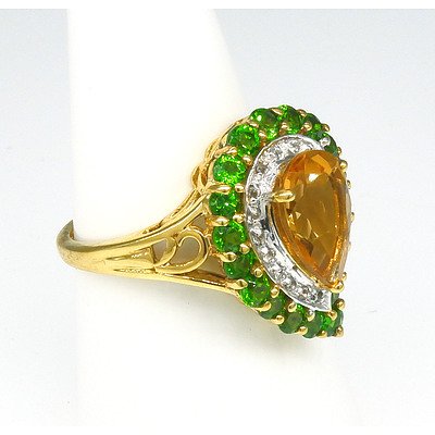 9ct Yellow Gold Ring with Coloured Synthetic Gems, Made in India