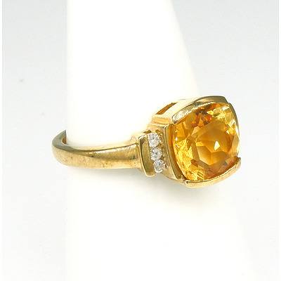 9ct Yellow Gold Ring with Cushion Cut Orange/Yellow Citrine and Six Single Cut Diamonds