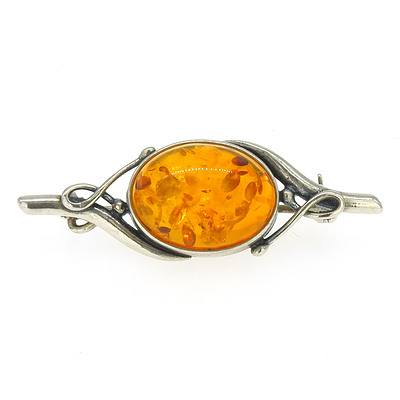 Sterling Silver Brooch with Oval Cabochon of Amber