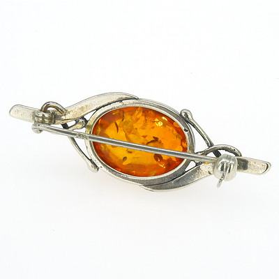 Sterling Silver Brooch with Oval Cabochon of Amber