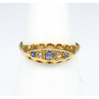 Antique 18ct Yellow Gold Ring with Three Old Cut Sapphires and Two Rose Cut Diamonds in Bead Setting