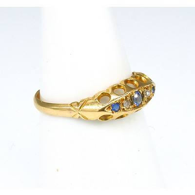 Antique 18ct Yellow Gold Ring with Three Old Cut Sapphires and Two Rose Cut Diamonds in Bead Setting